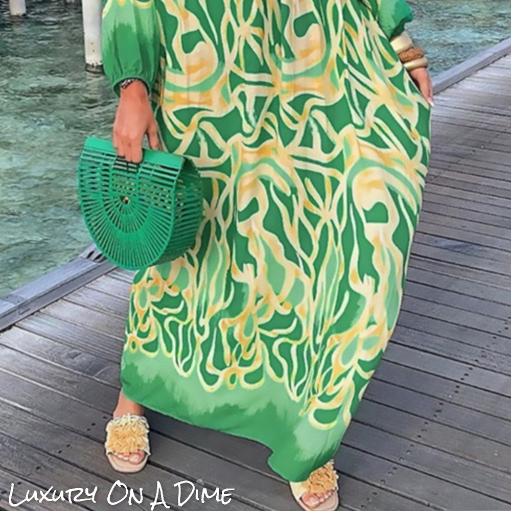 Green Abstract Button Chest Oversized Long Sleeve Dress Lightweight Colorful - Picture 5 of 10